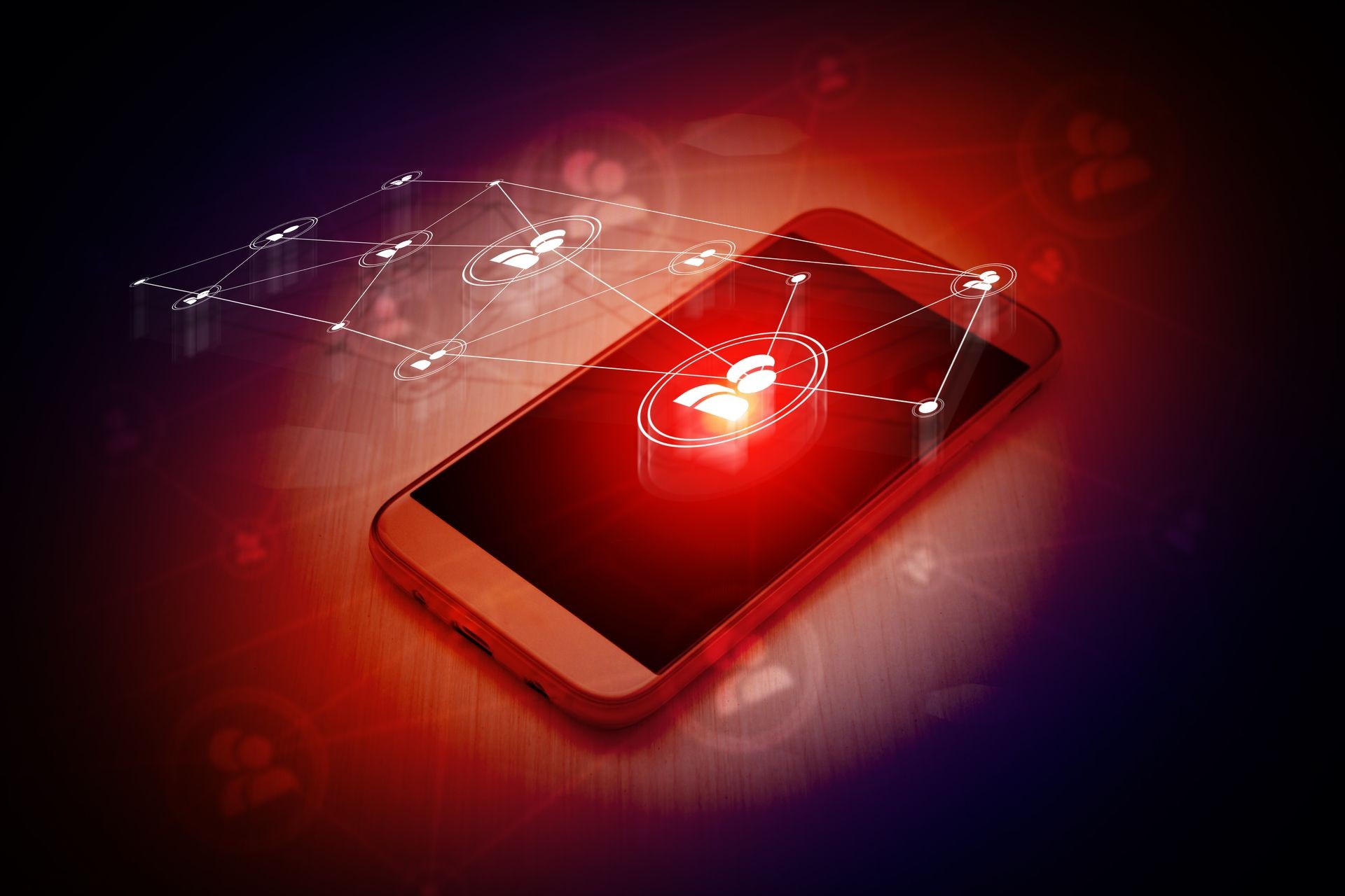 Conceptual communication lines of contacts in a smartphone. The phone on a dark abstract background is a close-up. A virtual reality Conceptual communication lines of contacts in a smartphone. The phone on a dark abstract background is a close-up. A virtual reality